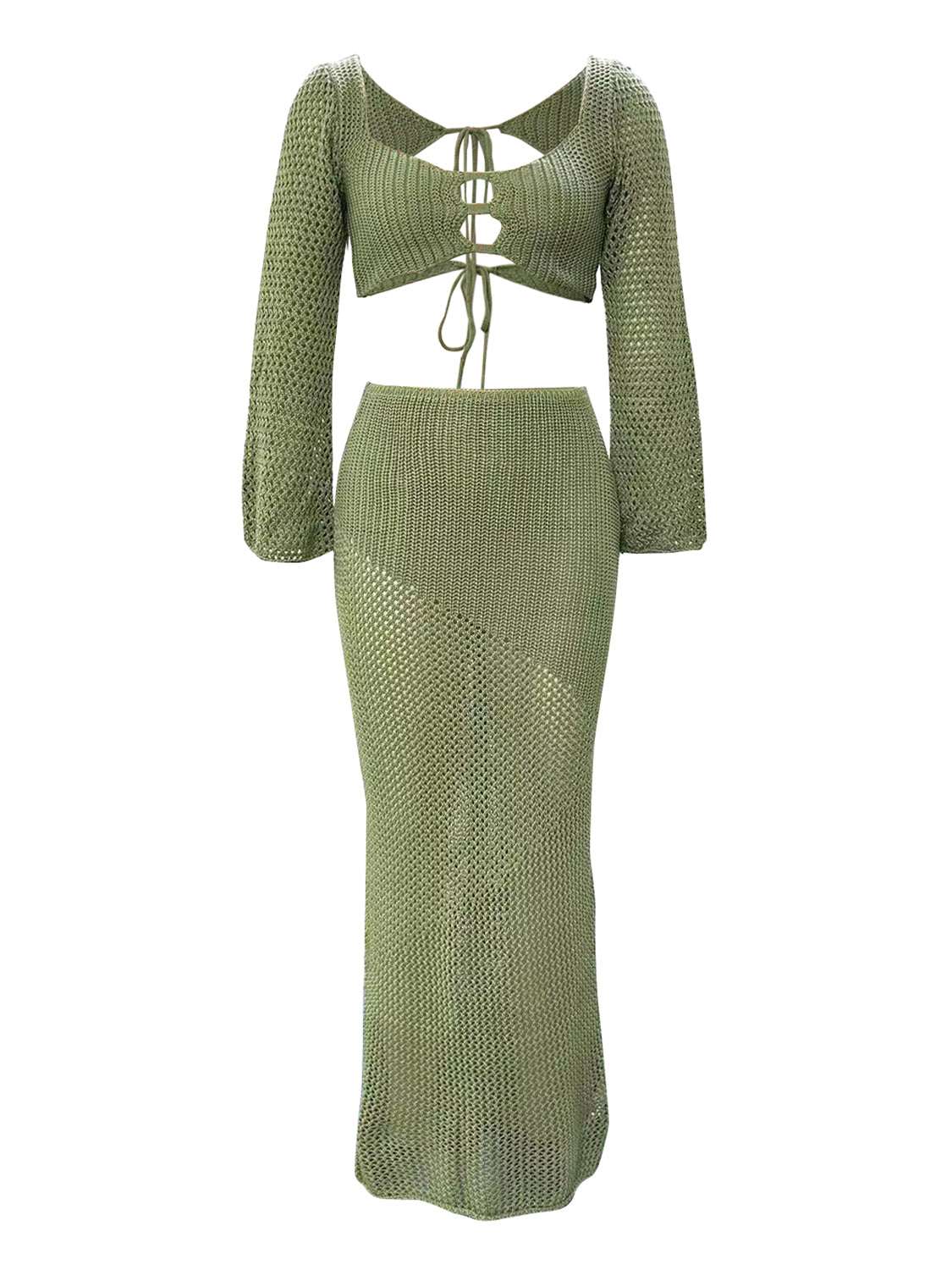 Green tied long sleeve top and skirt cover up set, openwork design, two-piece, highly stretchy polyester.