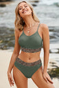 Leopard Trim Scoop Neck Bikini Set with removable padding and stretchy polyamide fabric.