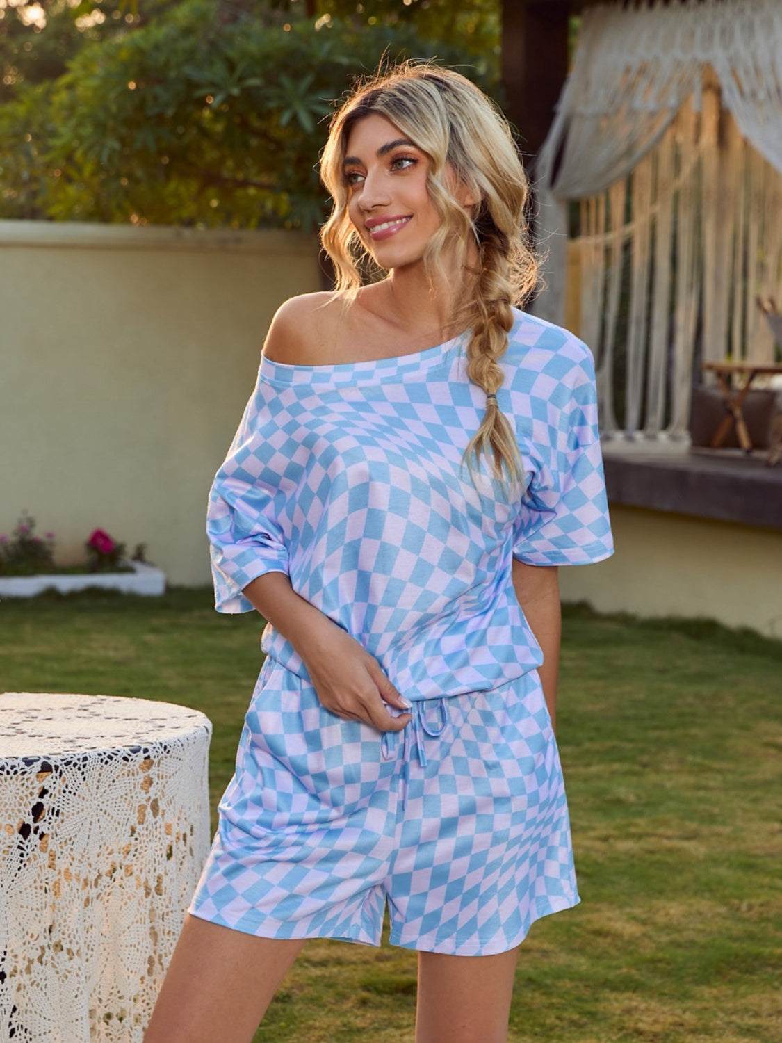 Plaid round neck top and shorts lounge set in light blue and white, two-piece, slightly stretchy.