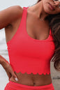 Crisscross Scoop Neck Swim Top in vibrant red with removable padding and stretchy fabric.