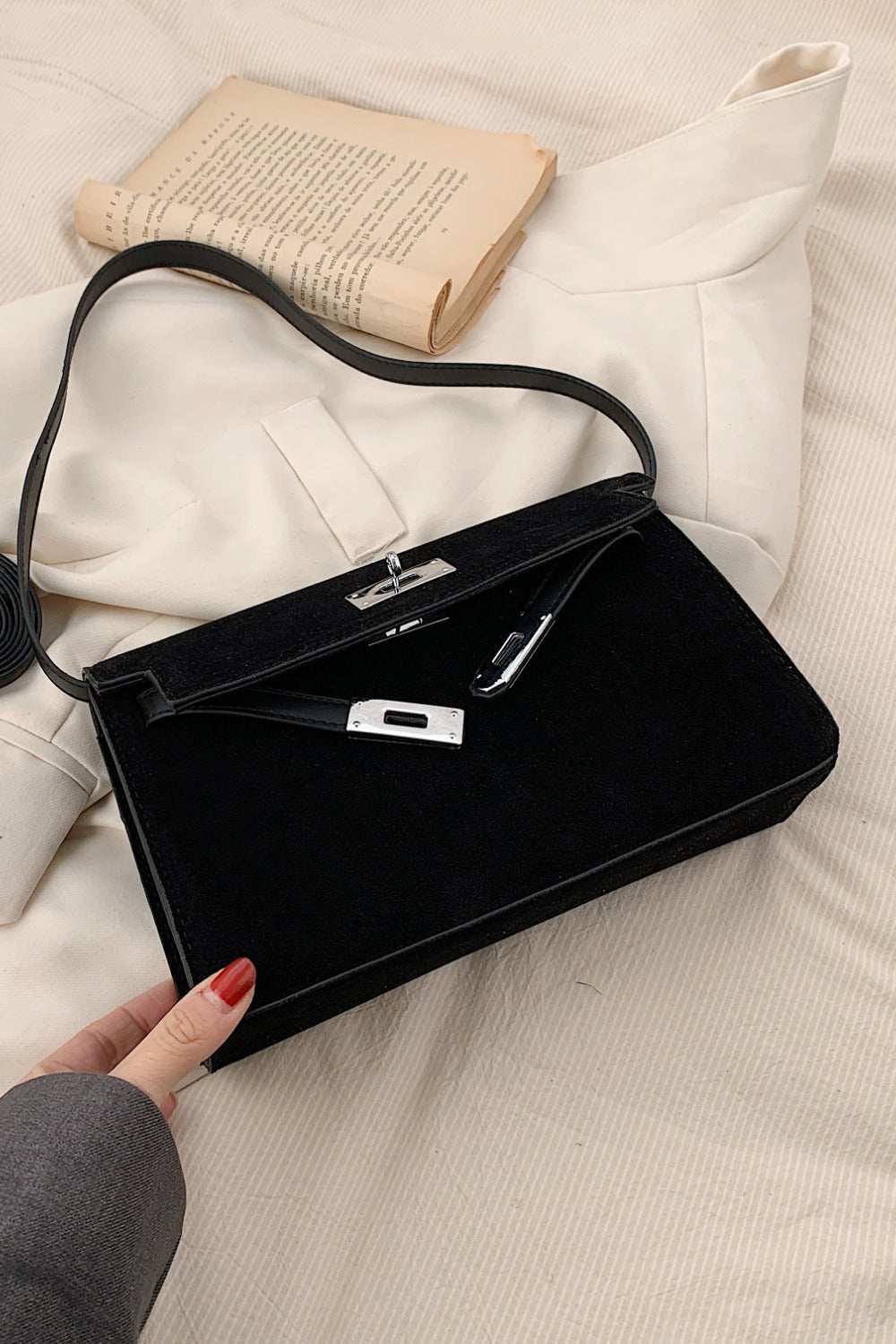 Small Suede PU Leather Strap Shoulder Bag in black, 9.8 inches long.