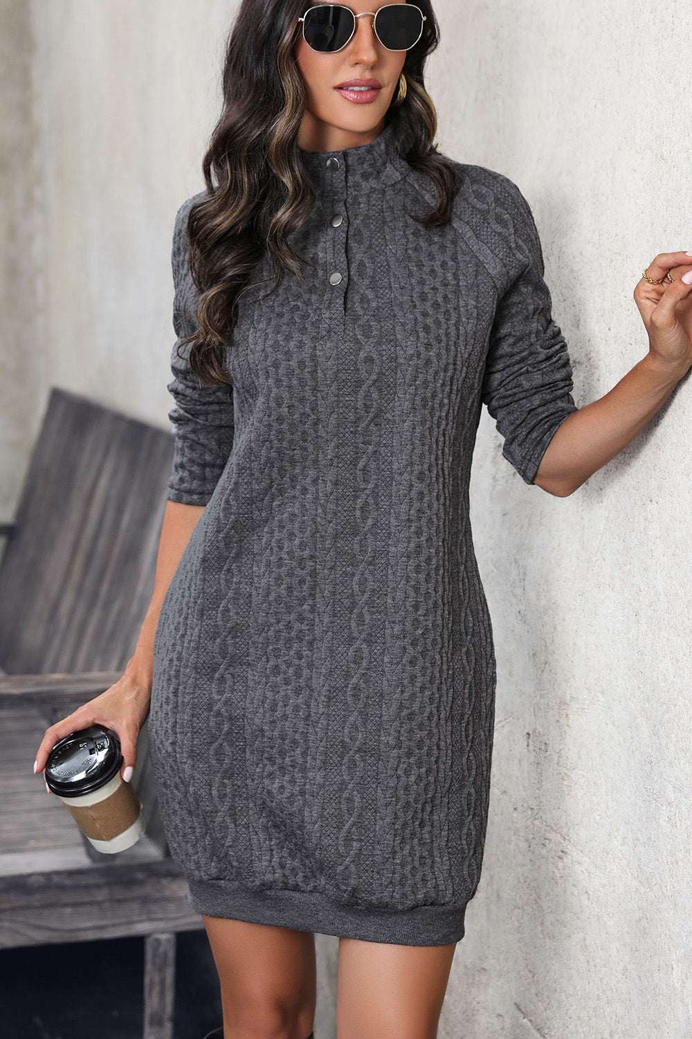 Perfee Cable-Knit Mock Neck Dress