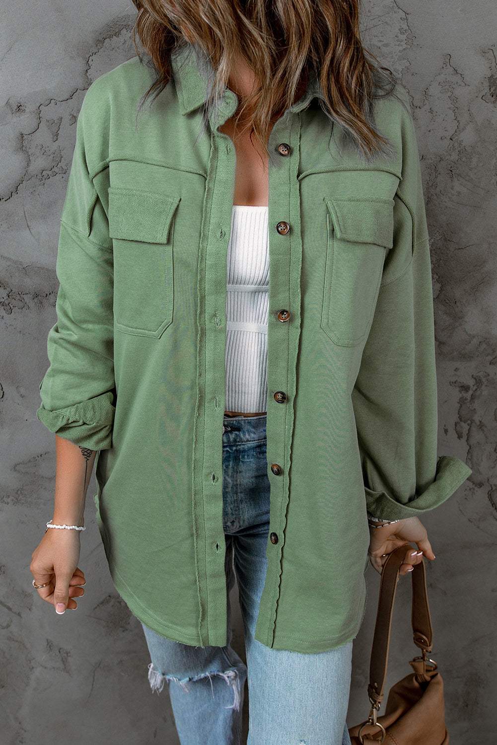 Button Front Shacket with Pockets Green