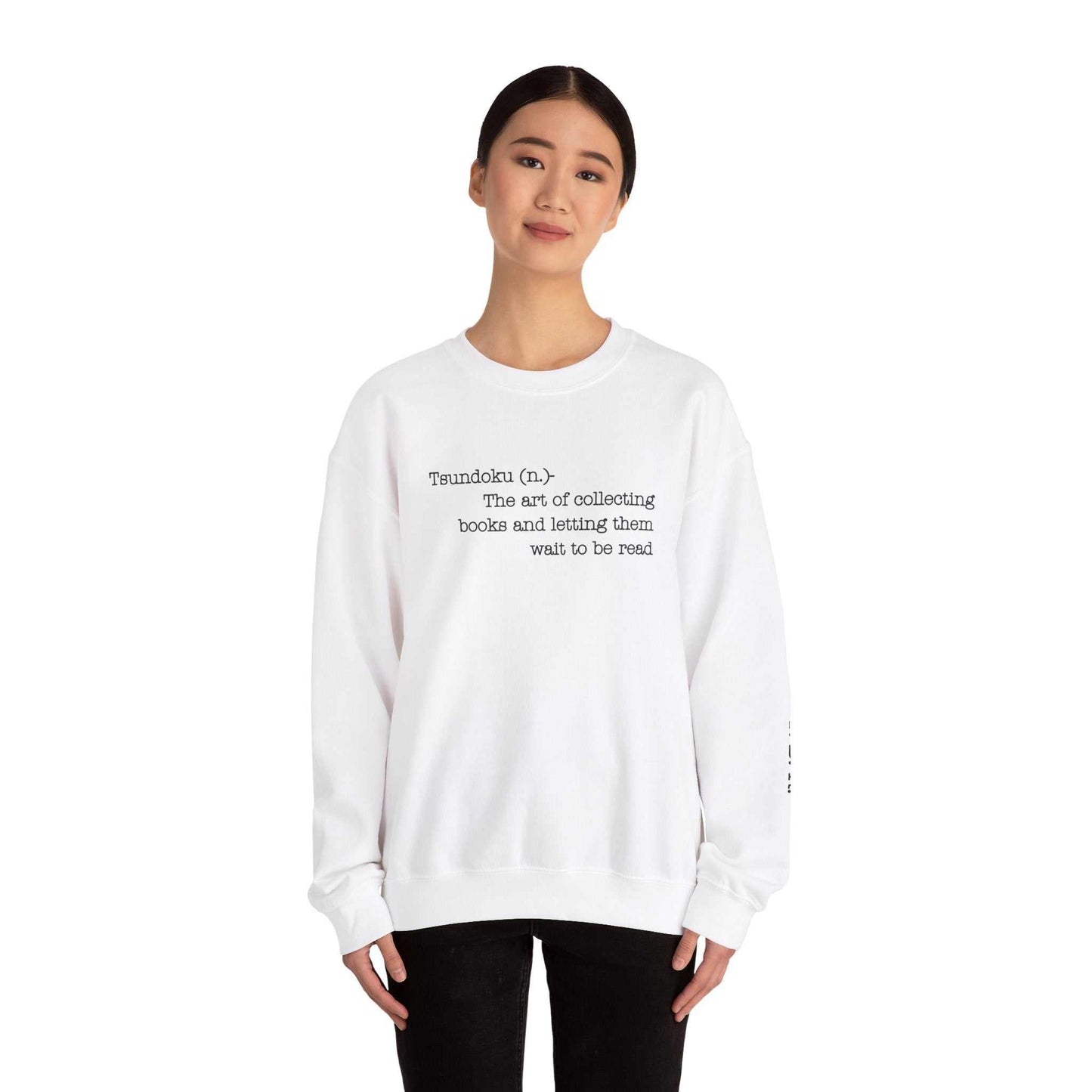 "T. B. R. Tsundoku" crewneck sweatshirt featuring book lover definition, comfortable fabric blend.