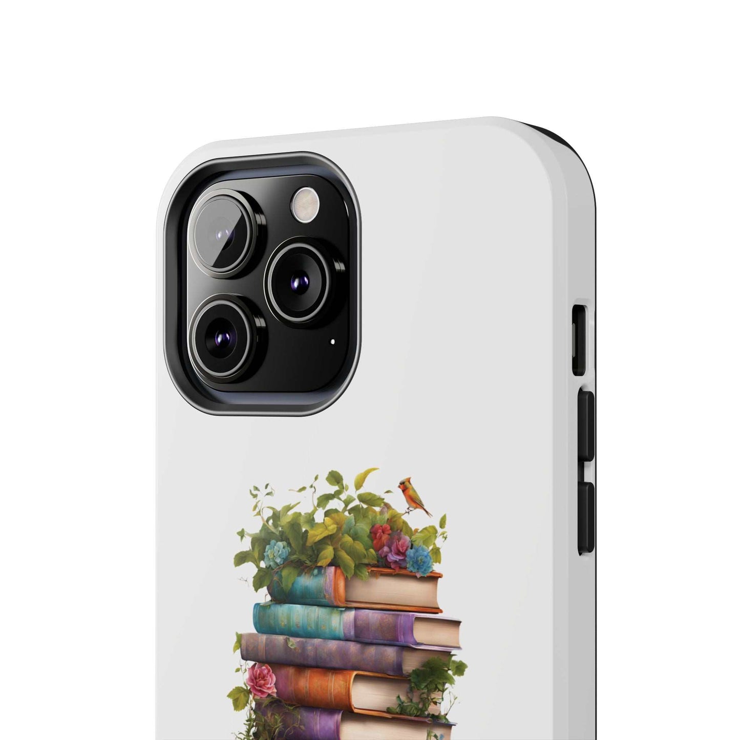 Phone case with book pile design, durable Lexan plastic, for book lovers.