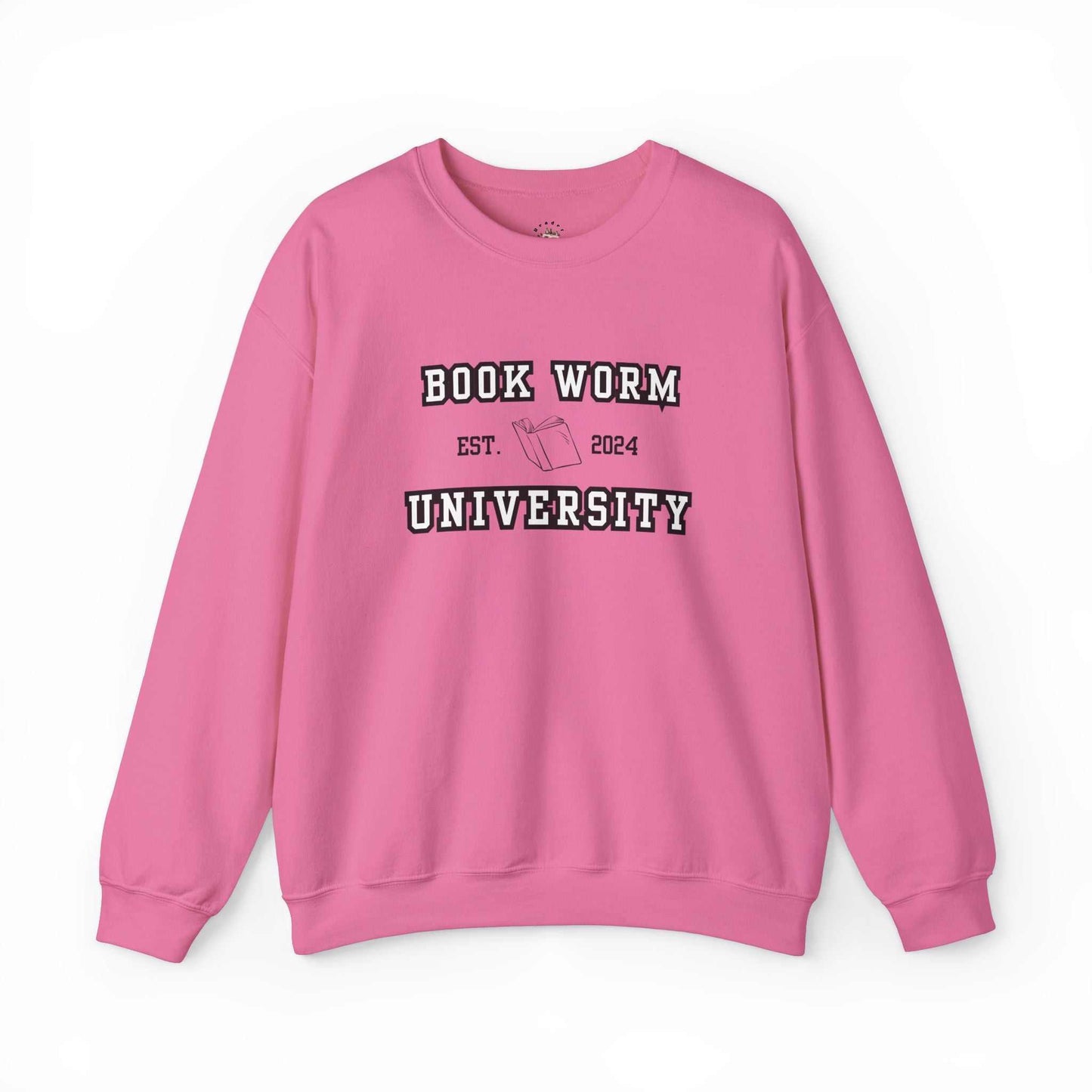 Bookworm University Crewneck Sweatshirt - Est 2024 Design, pink, cozy medium-heavy fabric blend, classic fit, perfect for book lovers.