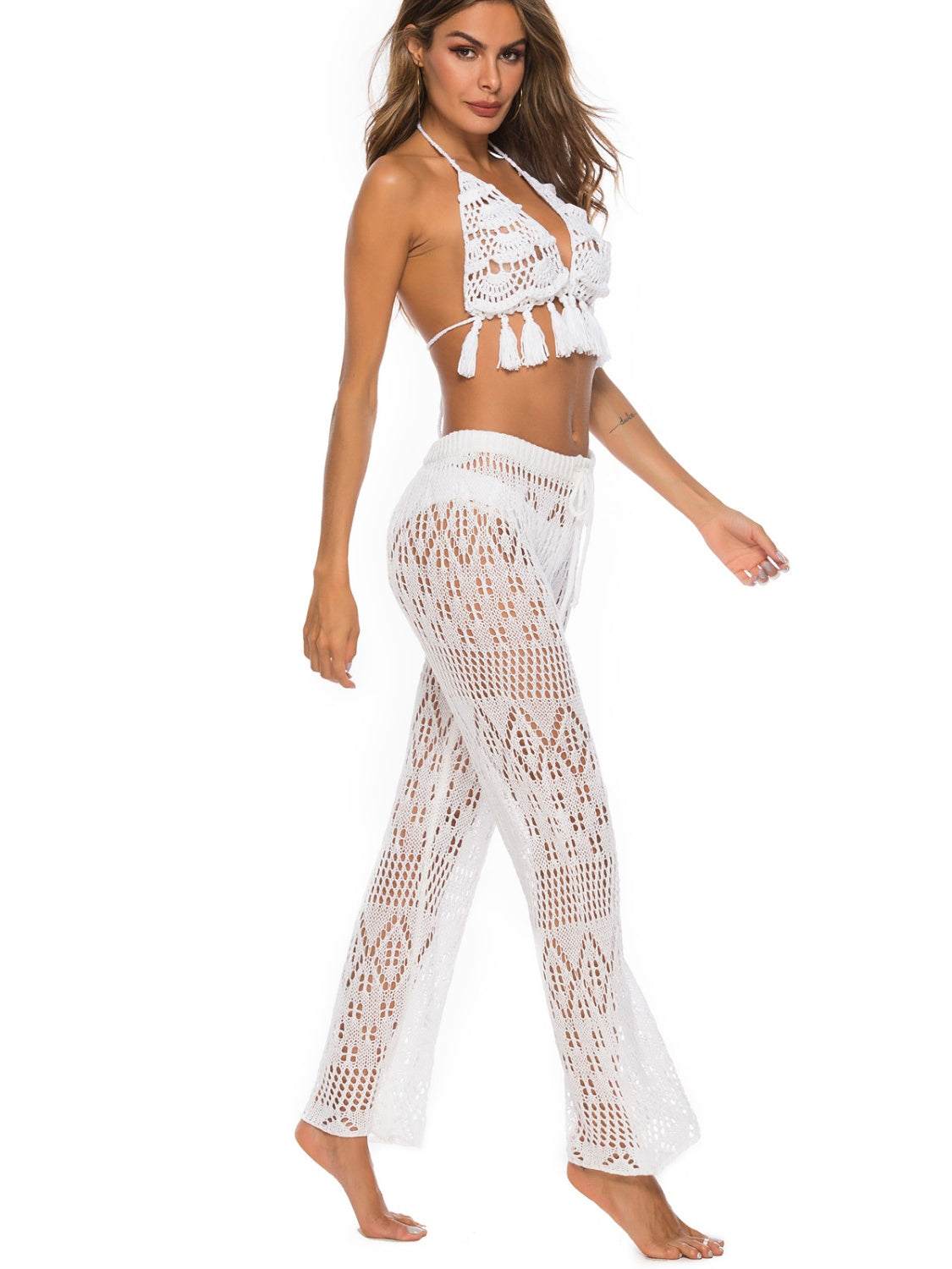 Cutout straight swim pants with moderate stretch in white, 100% polyester.