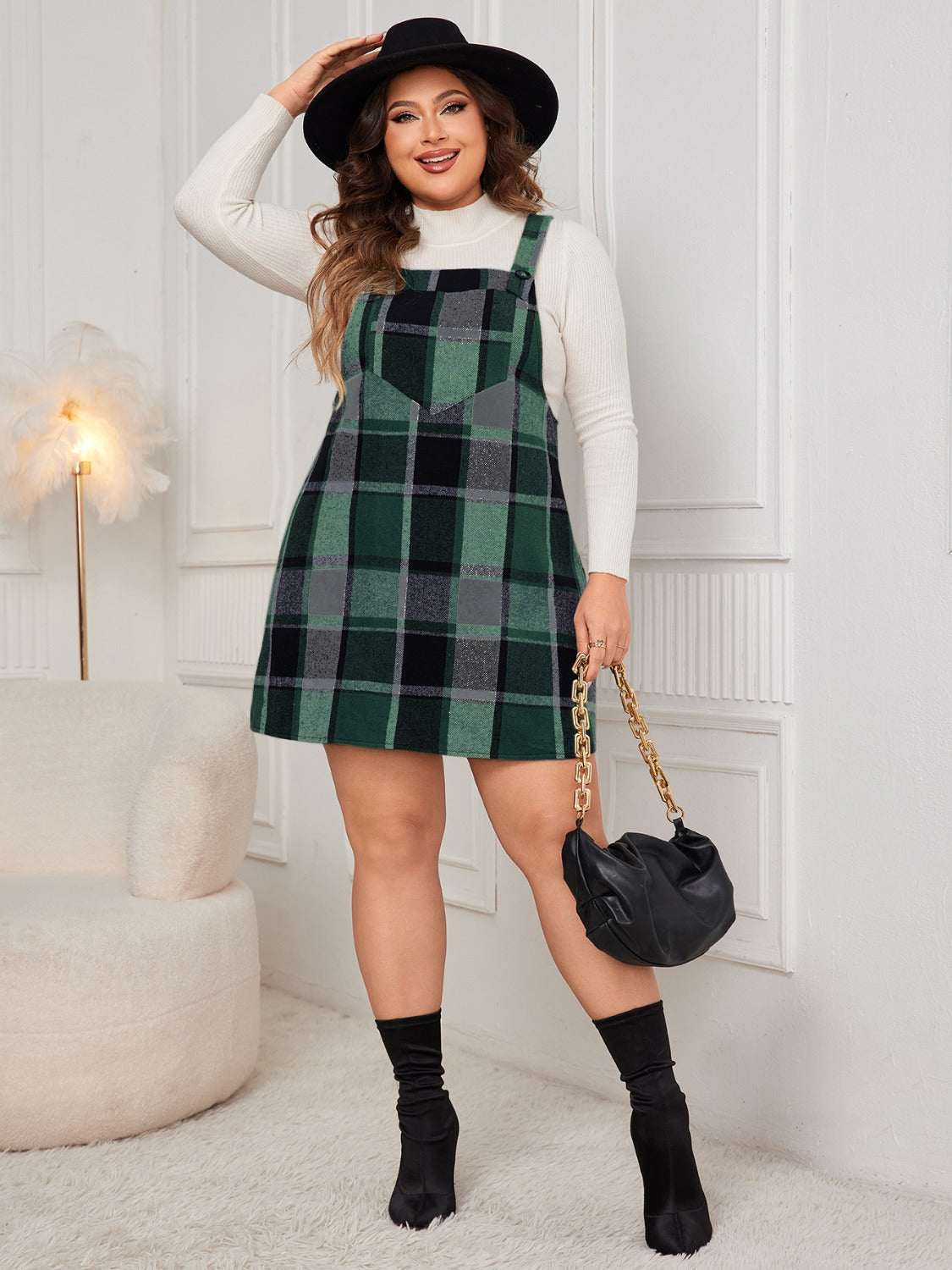 Honey Plus Size Plaid Wide Strap Overall Dress Dark Geen