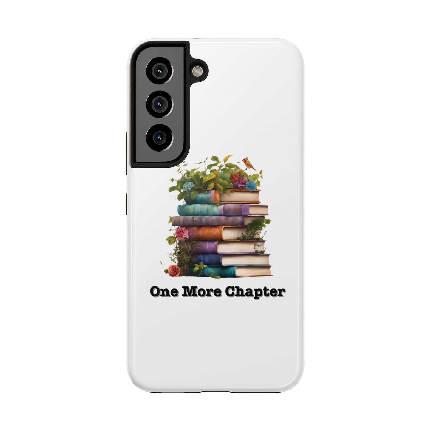 Phone case with book pile design and 'One More Chapter' text, perfect for book lovers.