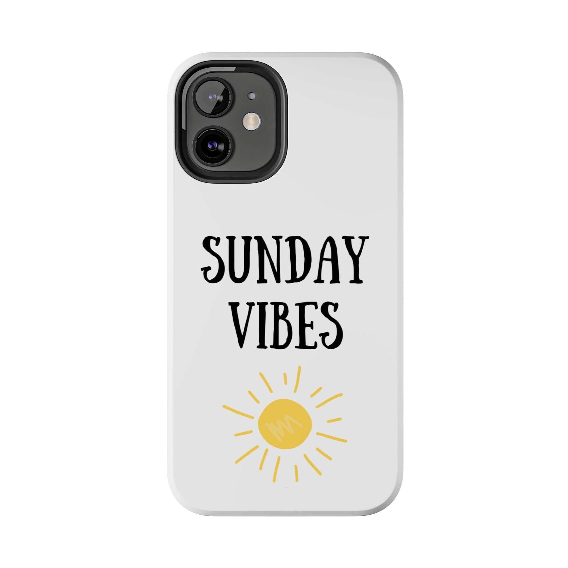 Phone case with 'Sunday Vibes' sun graphic, durable Lexan plastic.