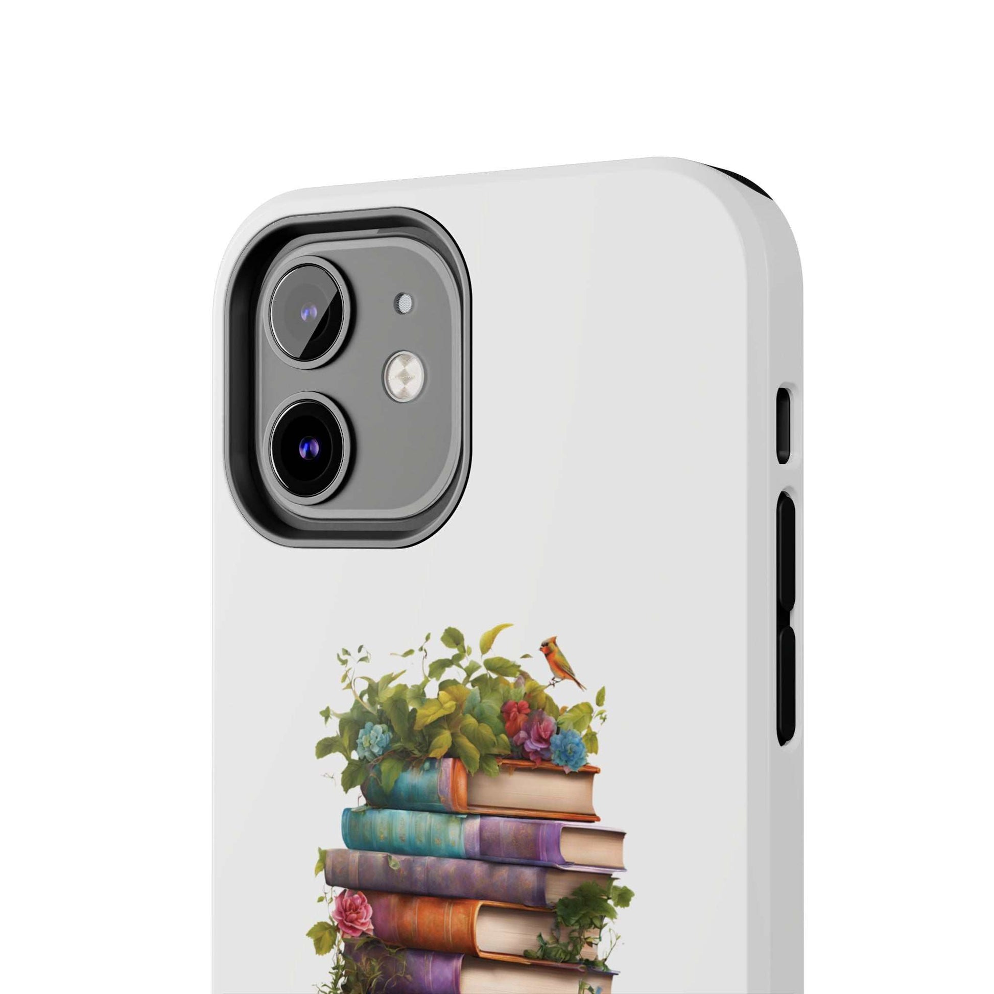 Phone case with chapter book pile design, ideal for book lovers.