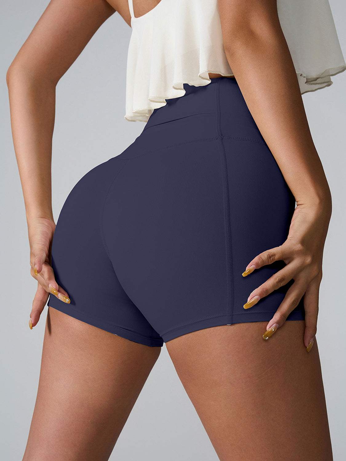 High Waist Active Shorts with pockets, highly stretchy nylon and spandex blend.