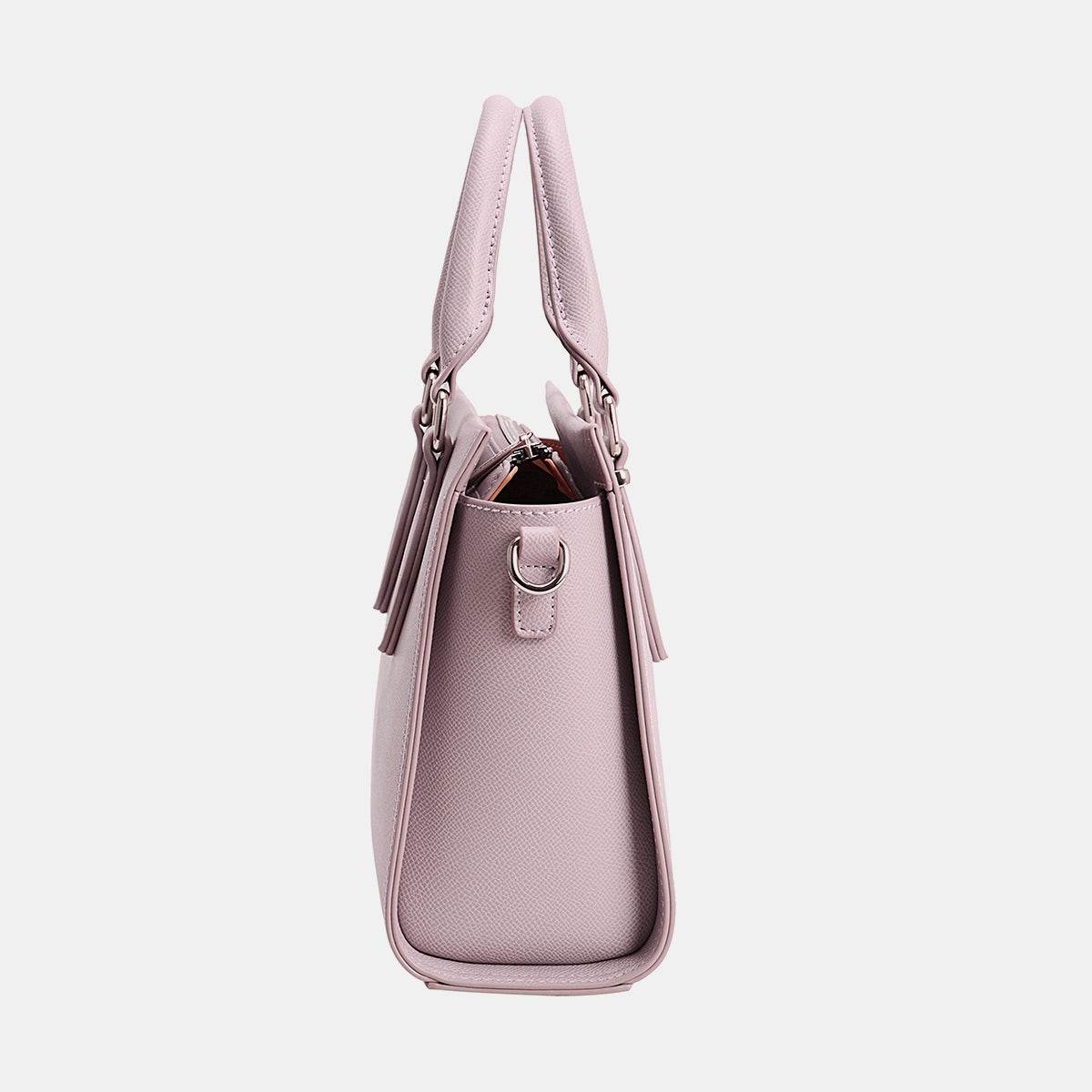 David Jones PU Leather Handbag side view showing stylish pink design with sturdy handles.