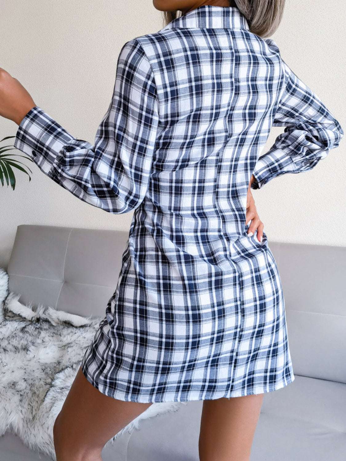 Tied Plaid Long Sleeve Mini Shirt Dress Royal Blue