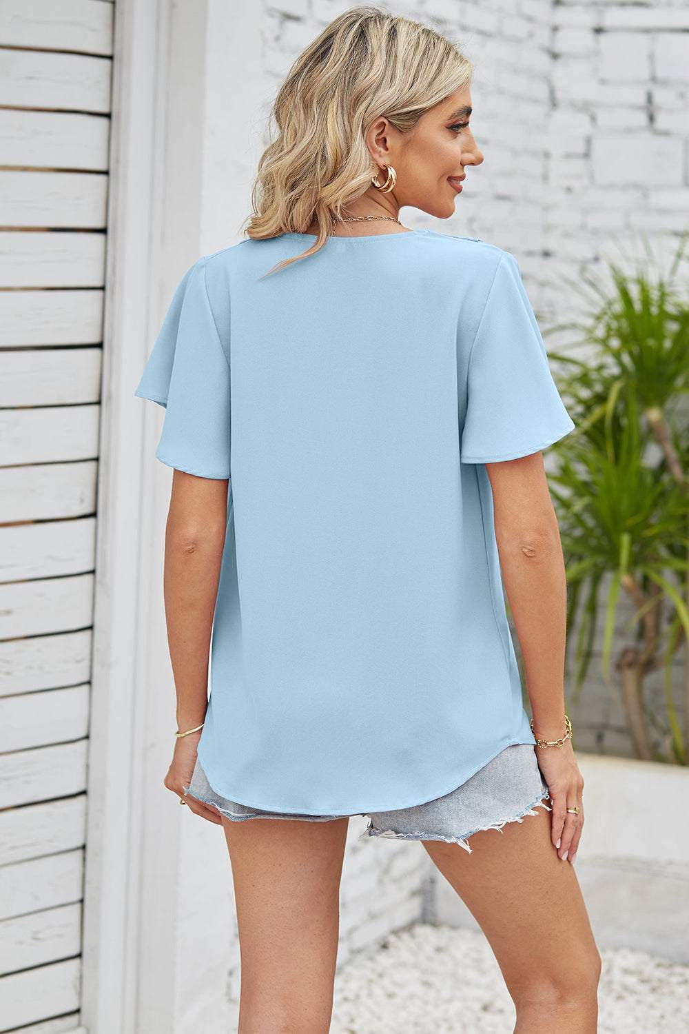 V-Neck Flutter Sleeve Blouse