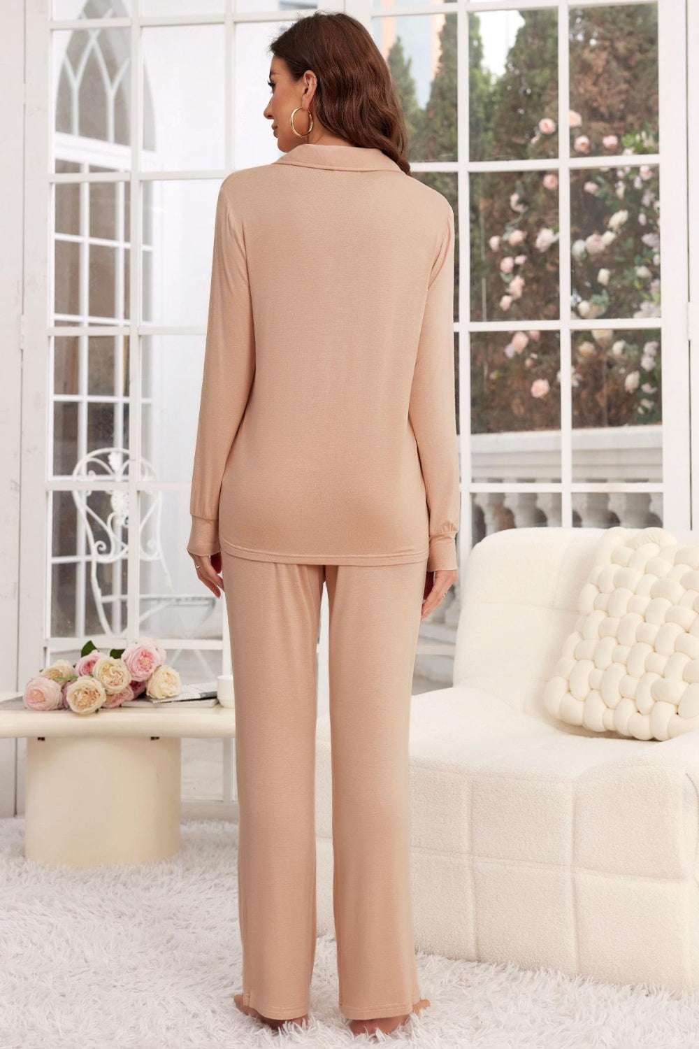 Women's button-up long sleeve top and pants lounge set in beige, two-piece outfit, polyester-spandex blend.