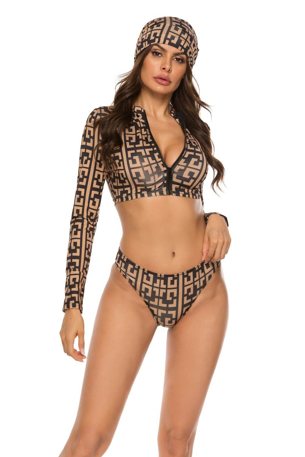 Printed zip up three-piece swim set, highly stretchy polyester-spandex blend, basic style.