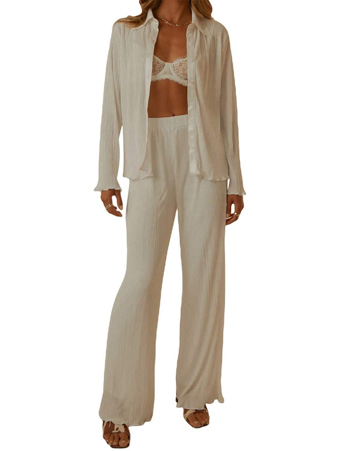 Collared neck long sleeve lounge set with buttoned top and pants.