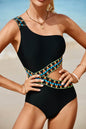 Cutout single shoulder one-piece swimwear with removable padding, no underwire, and vibrant geometric design.