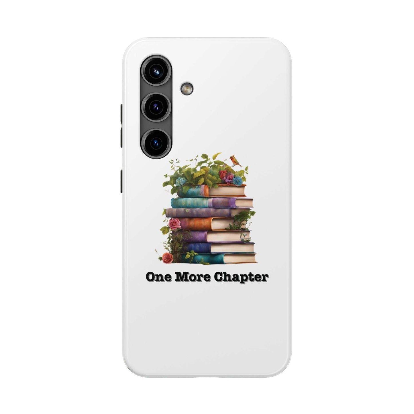 Phone case with book pile design reading "One More Chapter," perfect for book lovers; durable Lexan plastic with glossy finish.