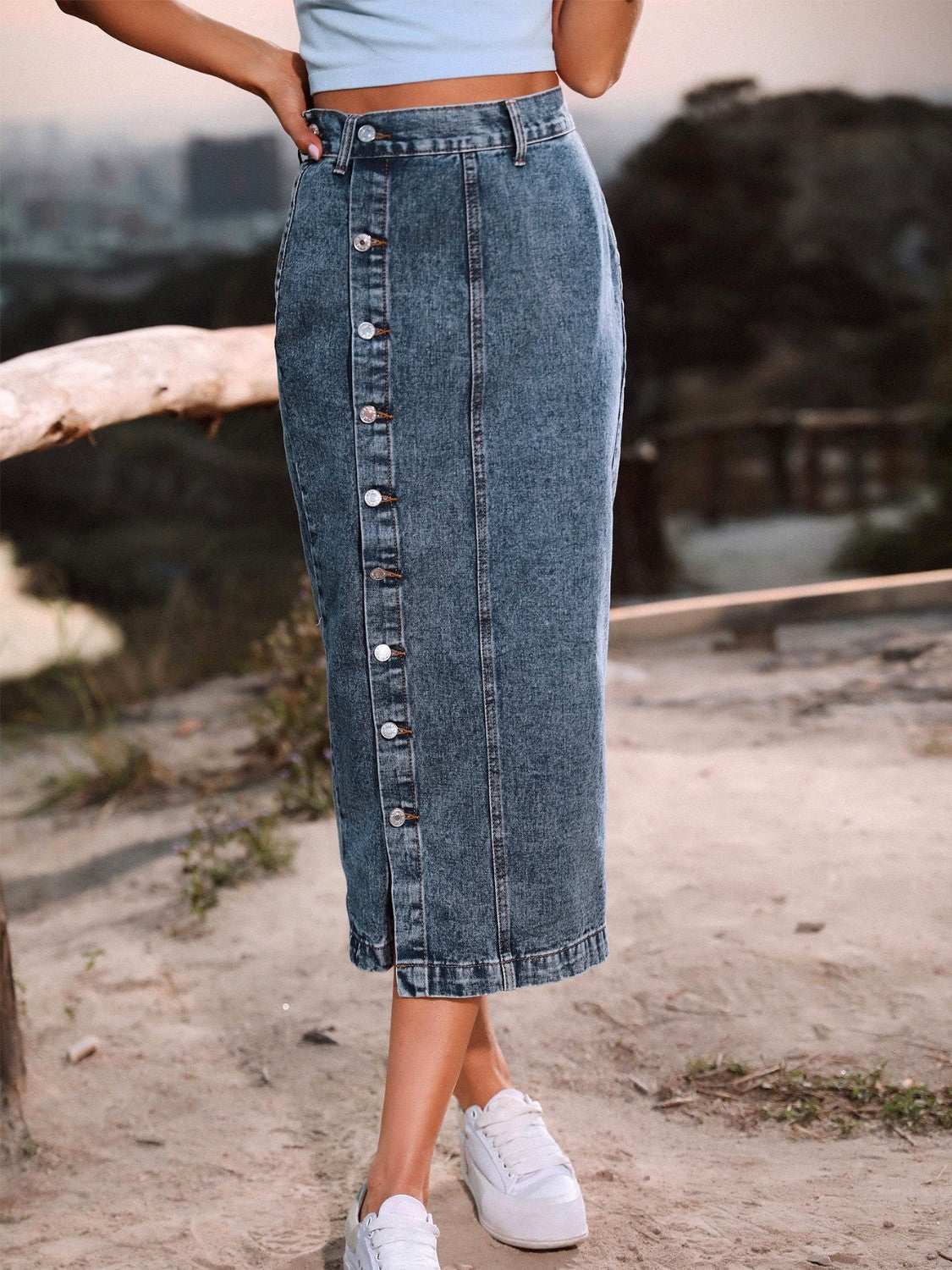 Button Down Denim Skirt Navy Blue