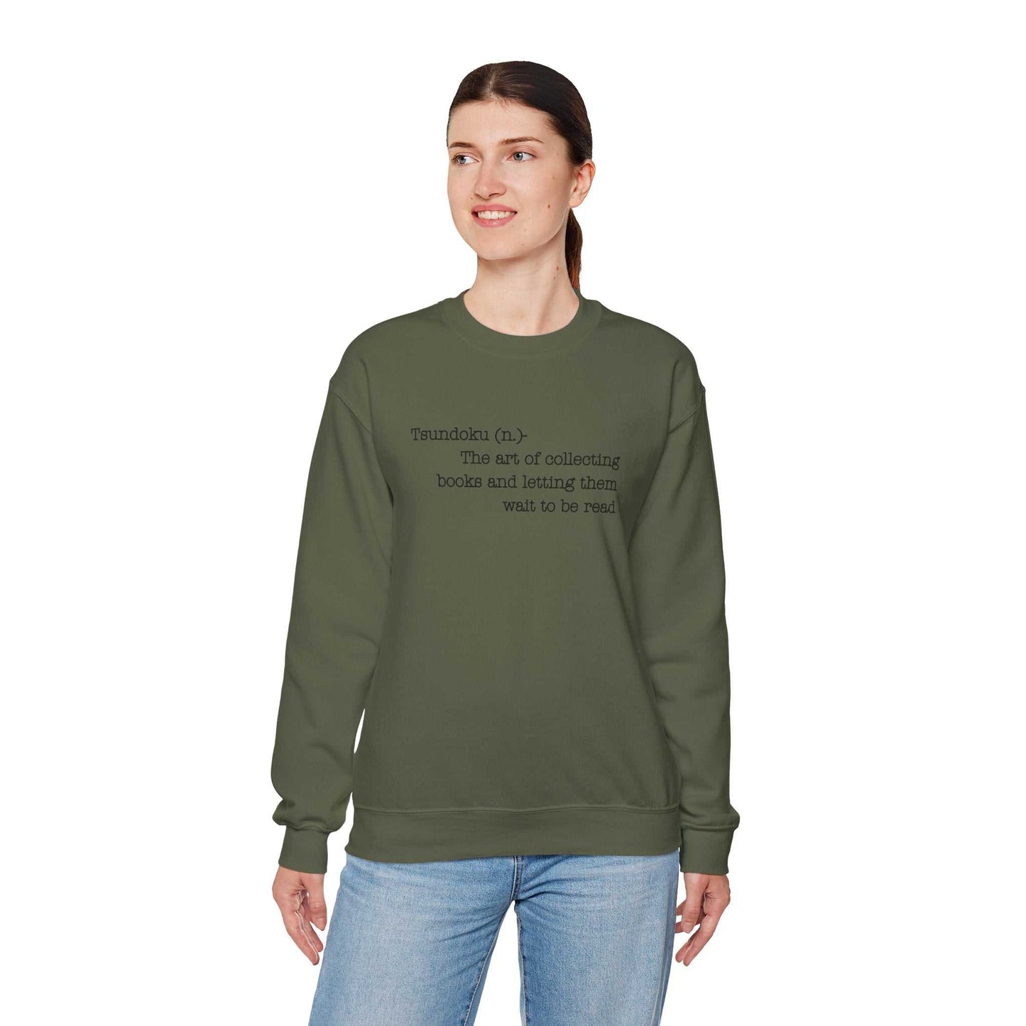 Tsundoku crewneck sweatshirt for book lovers with definition graphic.