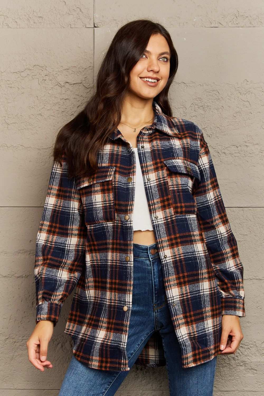 Ninexis Full Size Plaid Collared Neck Button-Down Long Sleeve Jacket Navy