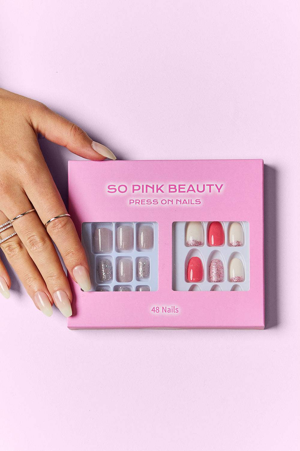 SO PINK BEAUTY Press On Nails 2 Packs with 48 pieces, featuring versatile chic designs and easy salon-worthy application.