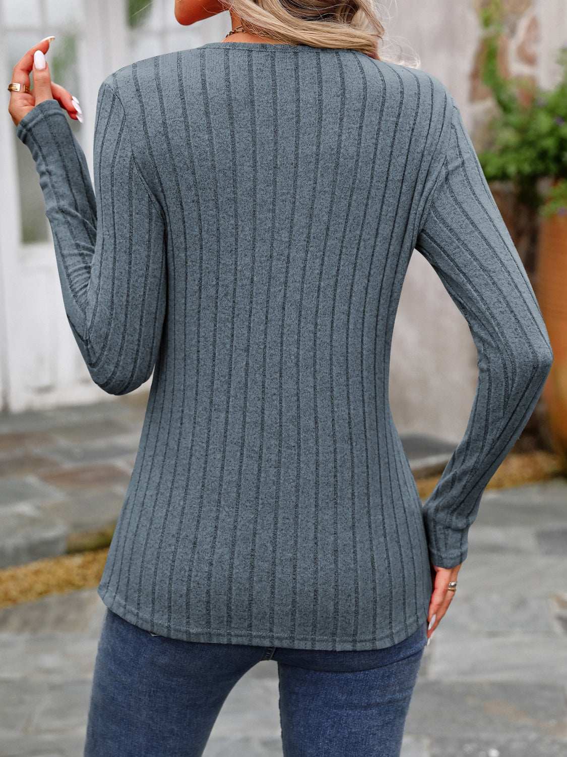 Decorative Button Round Neck Long Sleeve T-Shirt French Blue