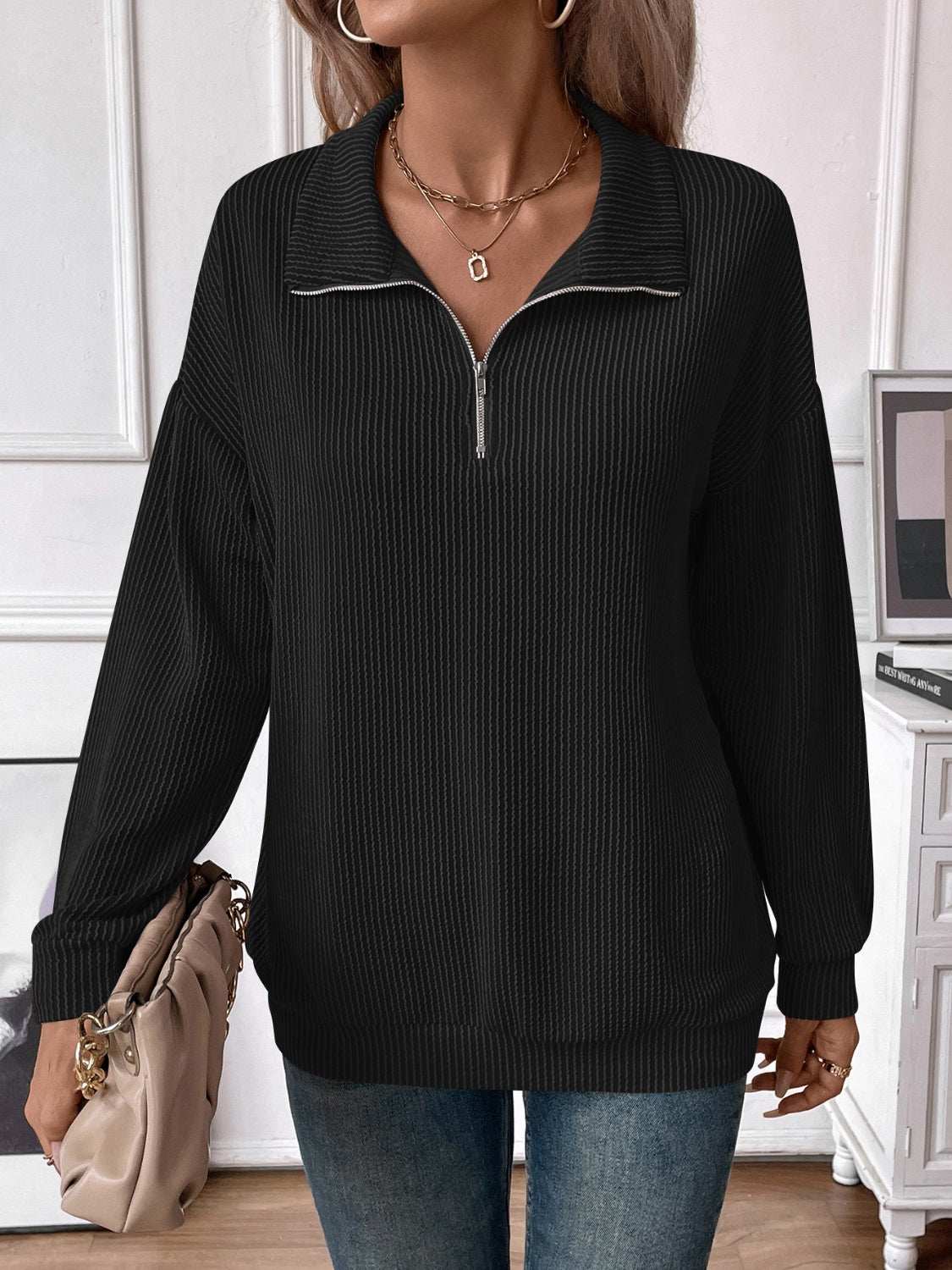 Double Take Striped Half Zip Long Sleeve T-Shirt Success Black