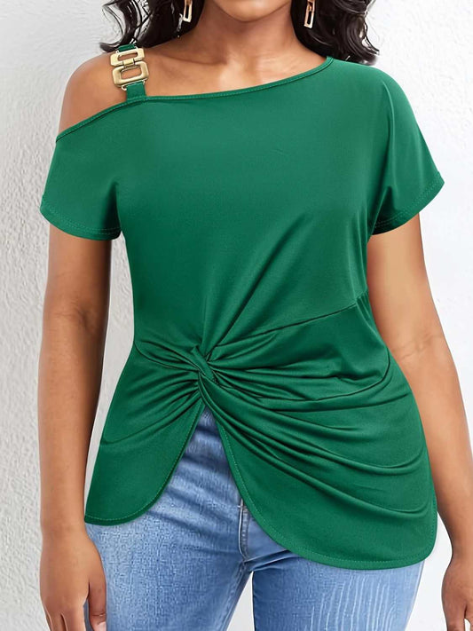 Plus size twisted asymmetrical neck short sleeve T-shirt in green.