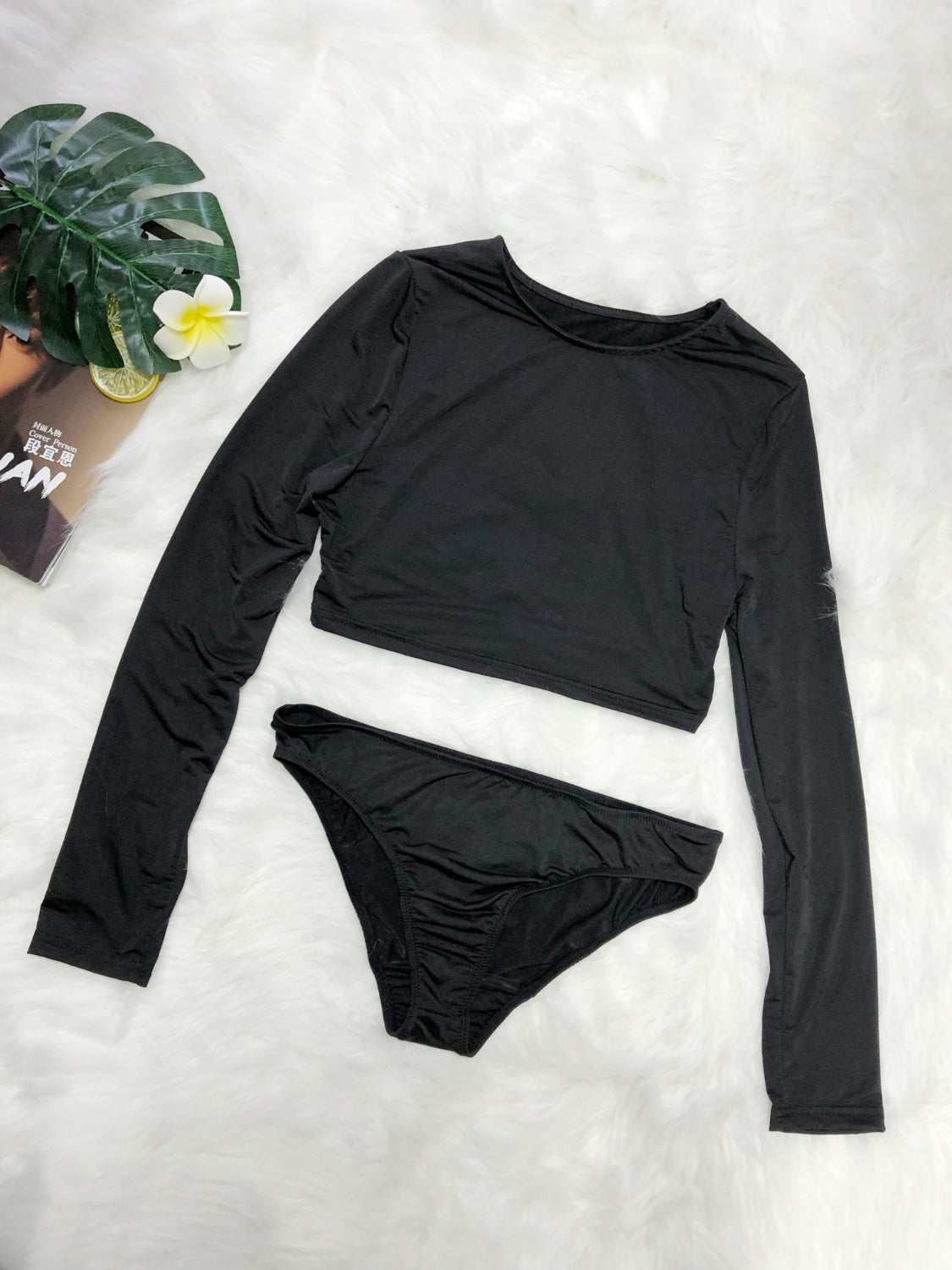 Round Neck Long Sleeve Top and Brief Swim Set, two-piece, highly stretchy polyester and spandex, black color.