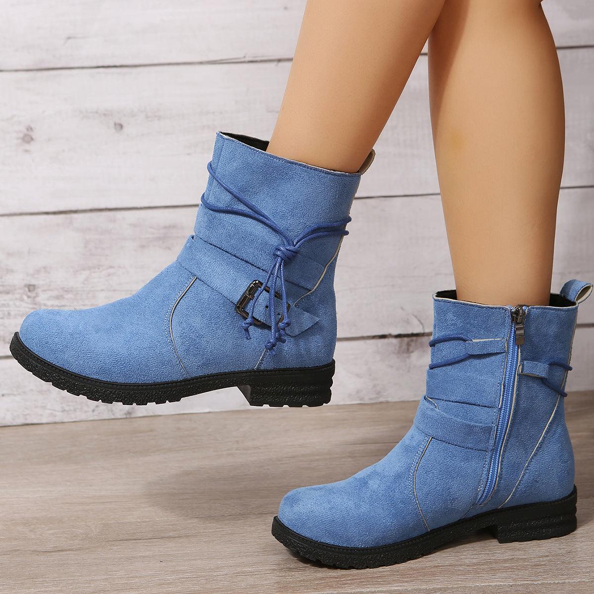 Suede Side Zip Round Toe Boots Sky Blue