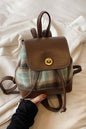 PU Leather Drawstring Plaid Backpack Bag, small size, brown and plaid design.