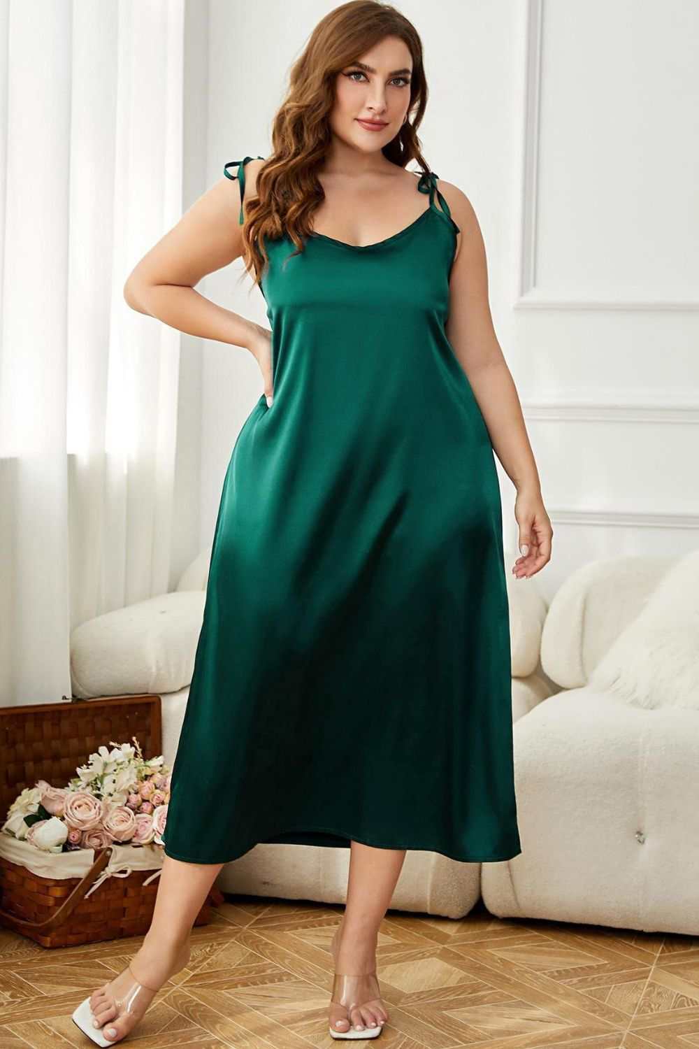 Plus size tie-shoulder midi night dress, sleeveless, v-neck, solid color, minimalist style.