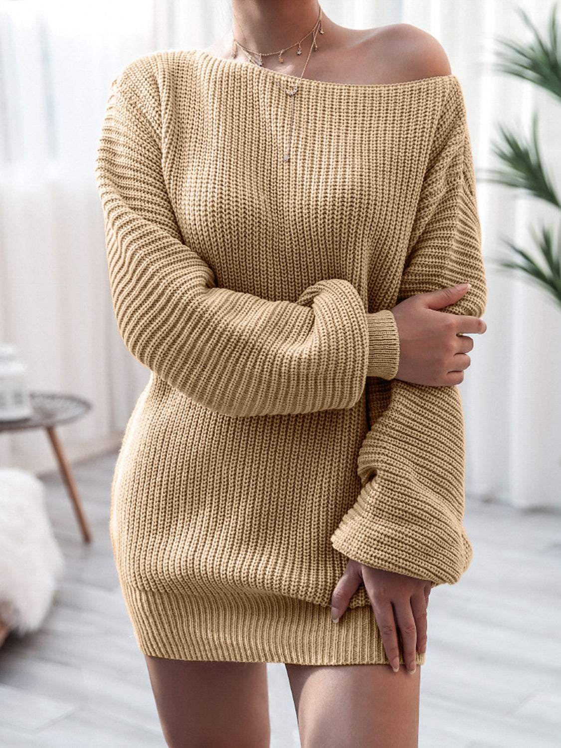 Rib-Knit Mini Sweater Dress Khaki