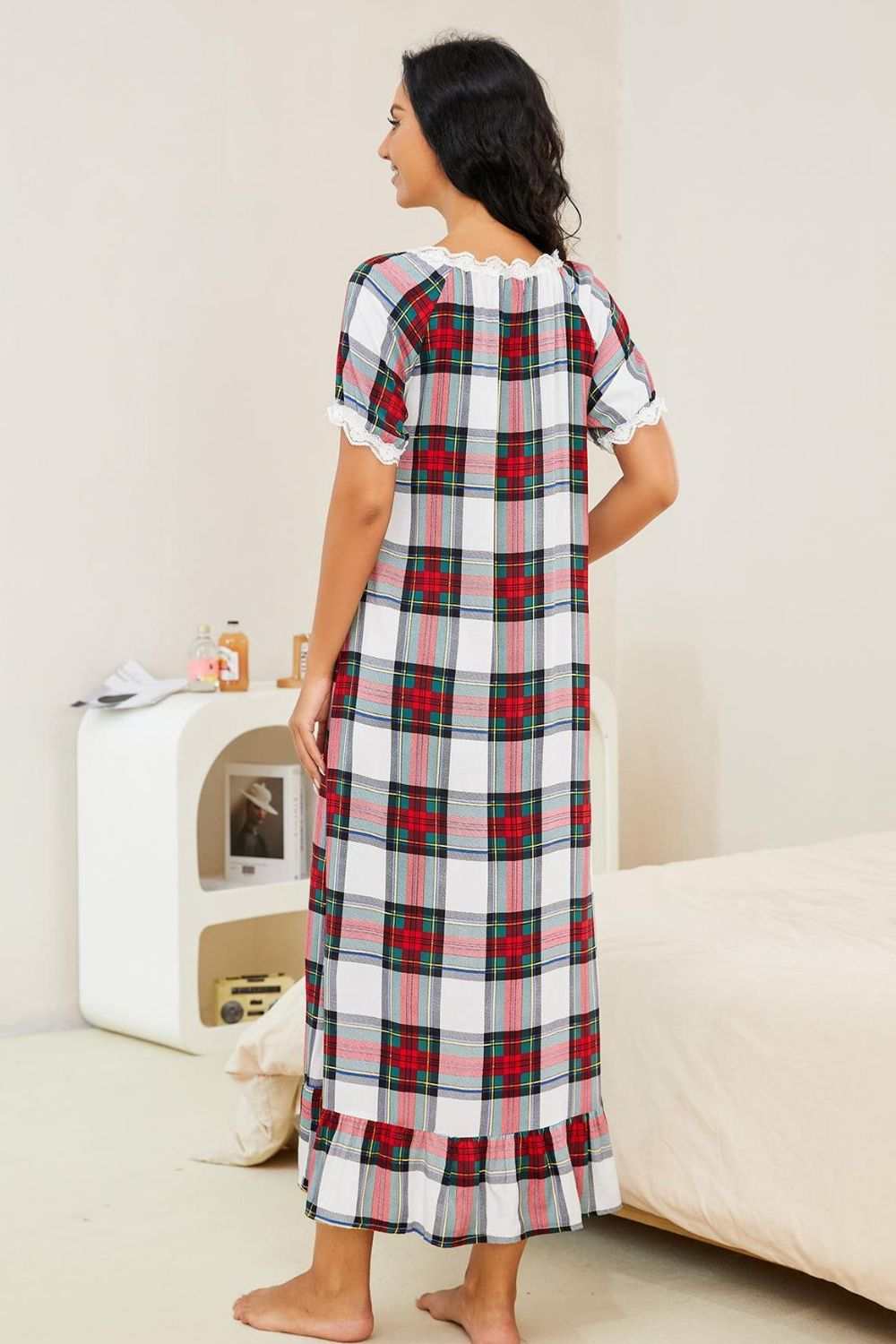 Plaid lace trim ruffle hem night dress with short sleeves and round neck.