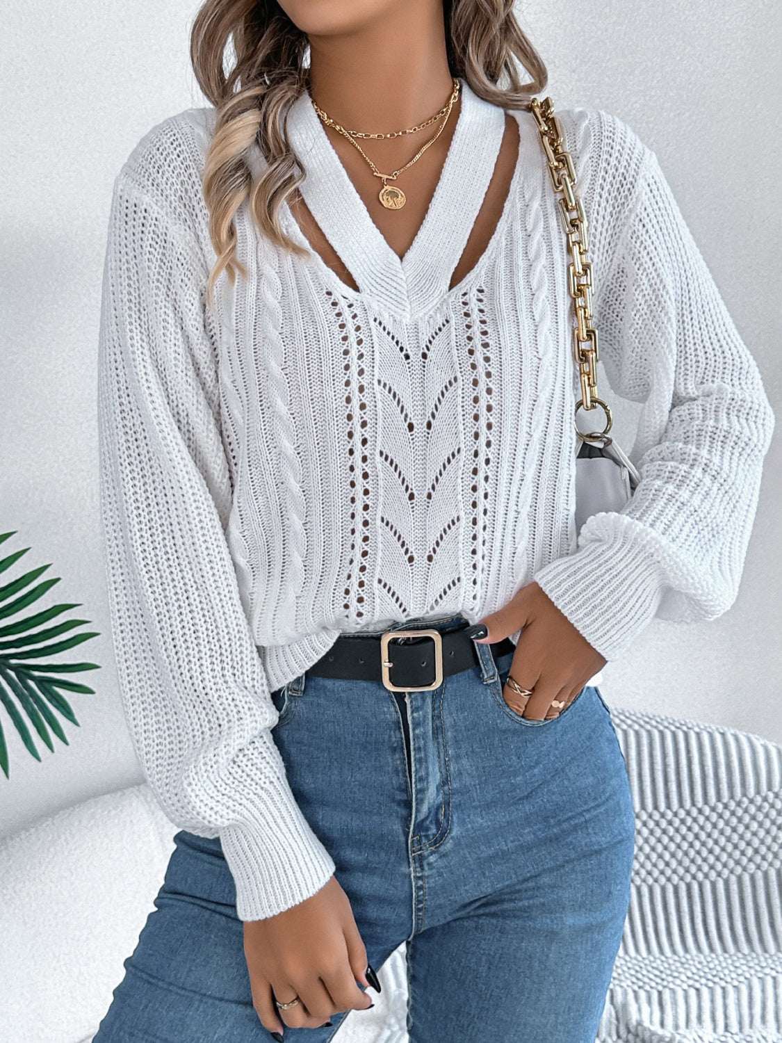 Cutout V-Neck Long Sleeve Sweater White