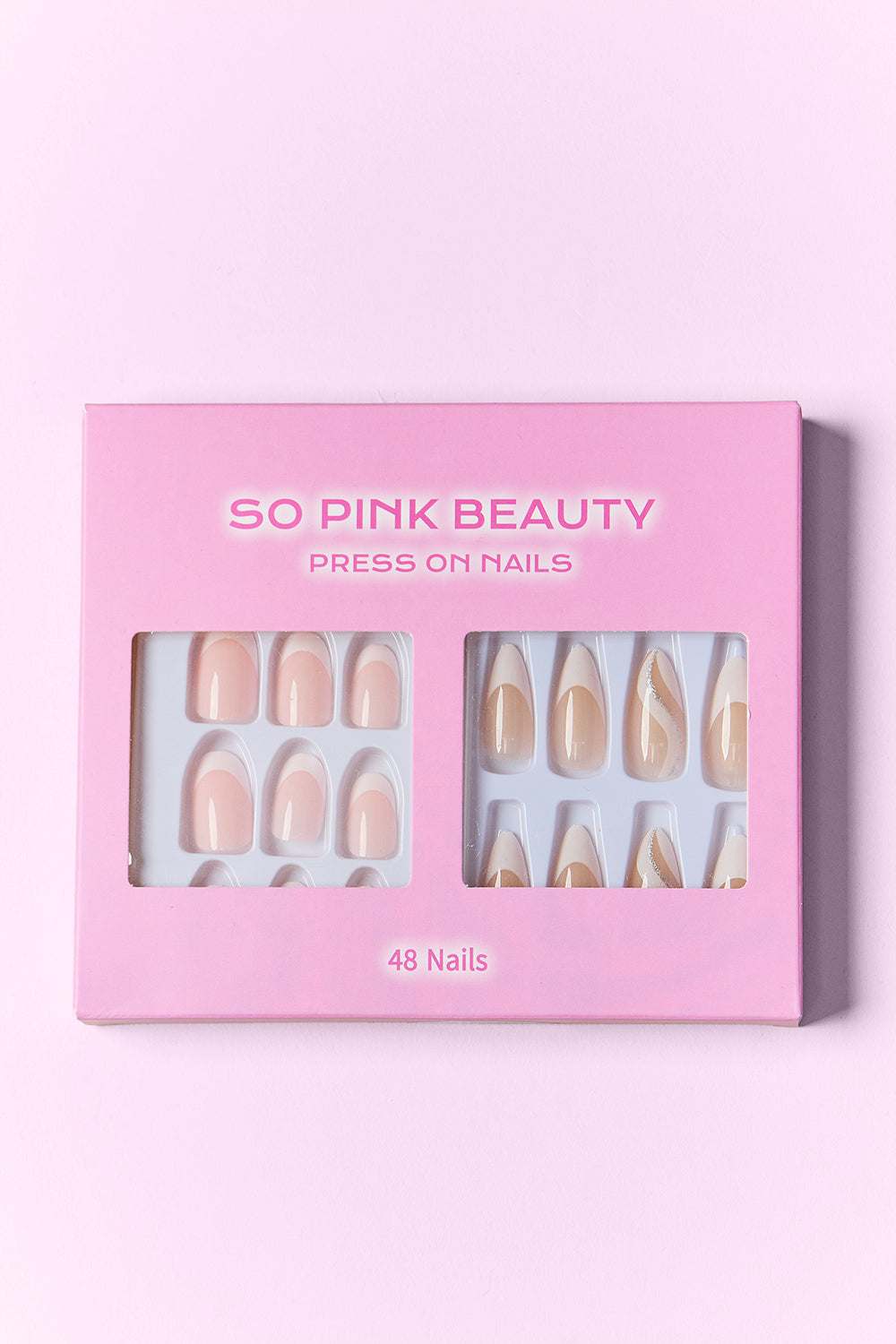 SO PINK BEAUTY Press On Nails 2 Pack with 48-piece set in pastel shades, including glue for easy application.