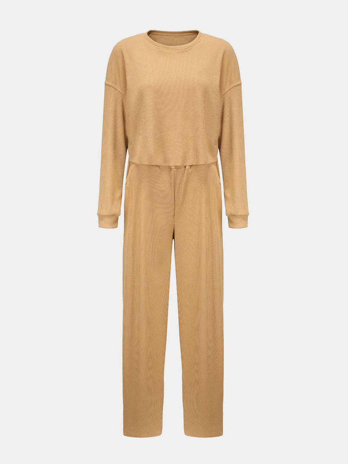 Waffle-Knit Round Neck Top and Pants Set in beige, two-piece casual style, slightly stretchy fabric.