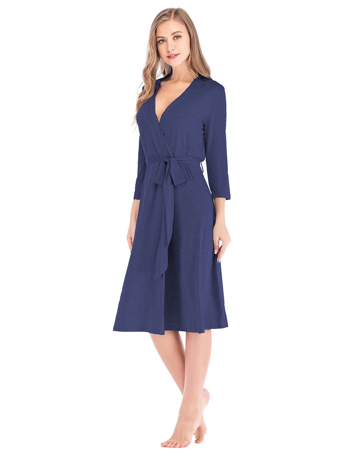 Plunge Tie Front Night Dress in navy with slightly stretchy cotton blend and tie front design.