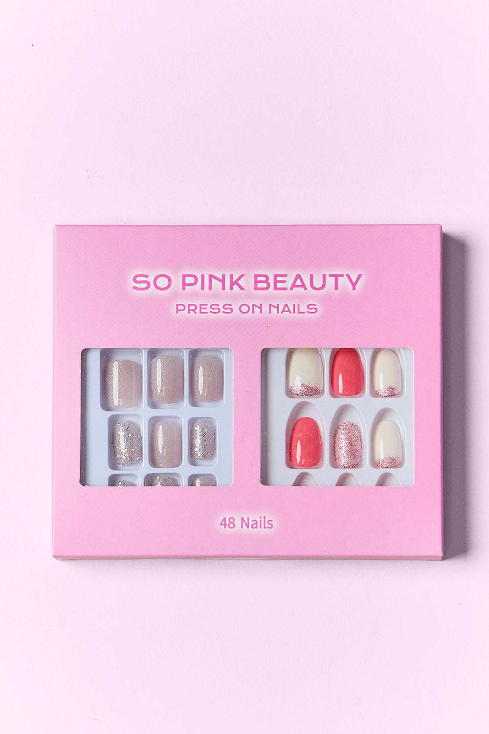 SO PINK BEAUTY Press On Nails 2 Packs with two distinct designs, 48 pieces, and glue included for easy application.