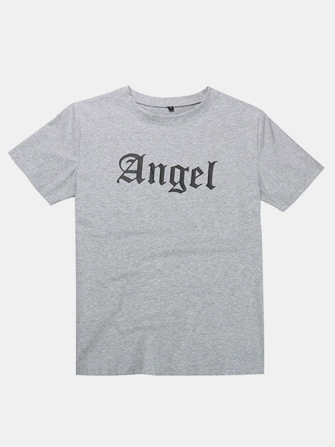 Perfee ANGEL Round Neck Short Sleeve T-Shirt in grey with "Angel" print, 95% cotton, 5% polyester.