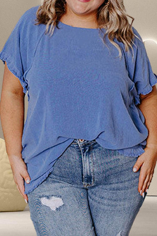 Plus size round neck half sleeve top in blue, slightly stretchy viscose-linen blend.