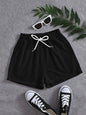 Black drawstring pocketed elastic waist shorts made from 100% polyester.