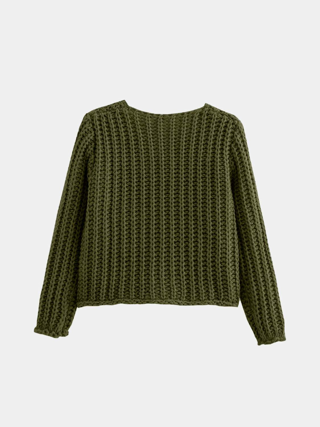 Olive green long sleeve cardigan, slightly stretchy, acrylic material.