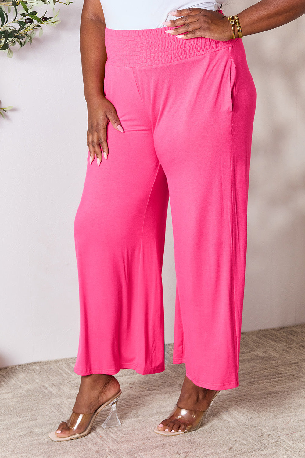 Basic Bae Full Size Smocked Wide Waistband Wide Leg Pants