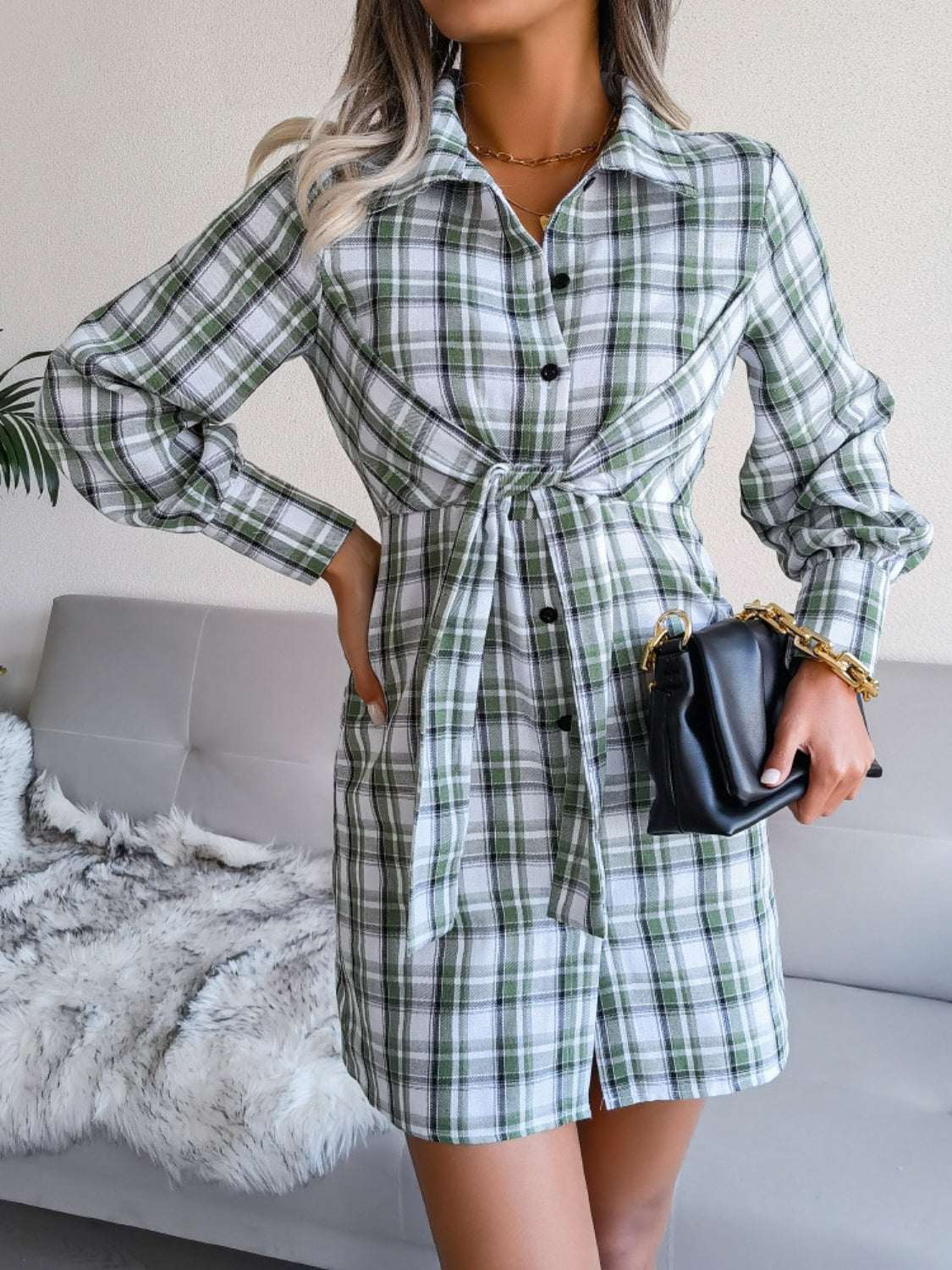 Tied Plaid Long Sleeve Mini Shirt Dress Green