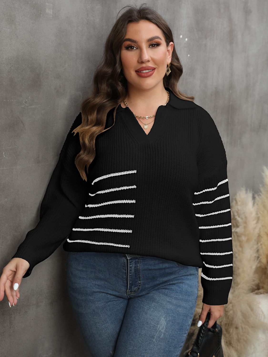 Plus size striped V-neck sweater with long sleeves and Johnny collar.