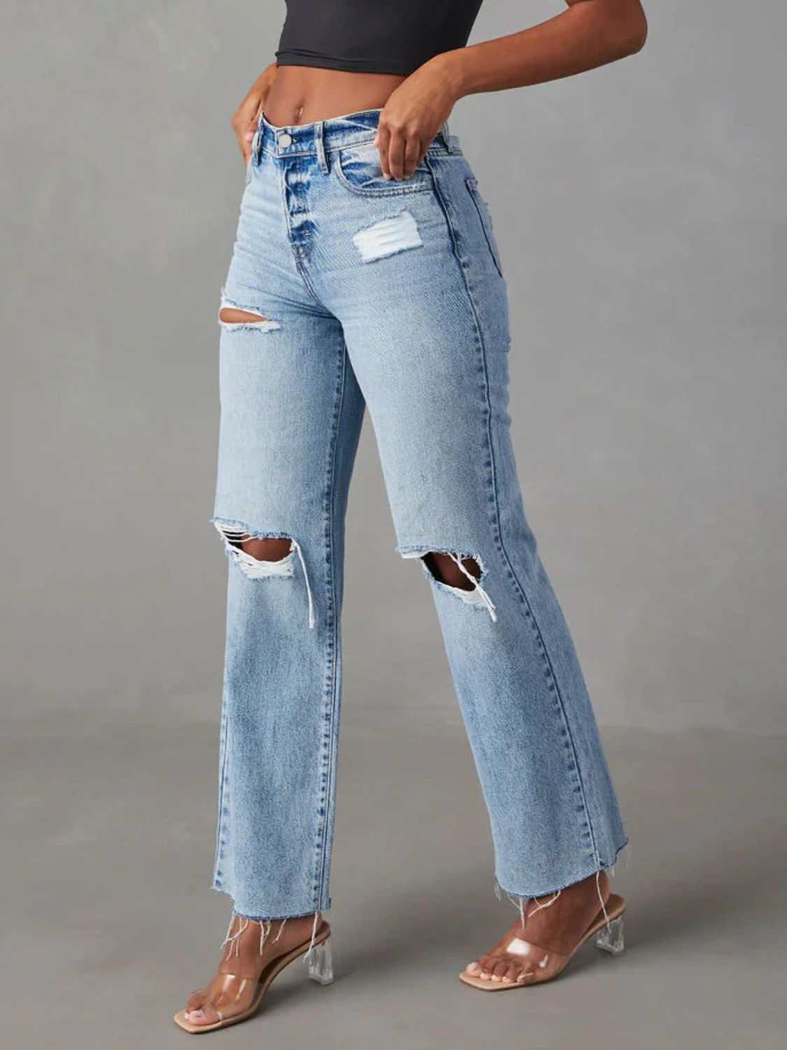 Distressed Straight Leg Jeans with Pockets, no stretch, 85% cotton, 15% polyester.